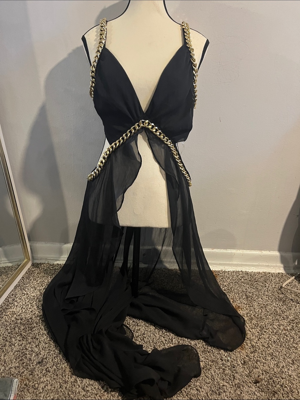 AKIRA long Black Sheer top with Gold Chain Trim